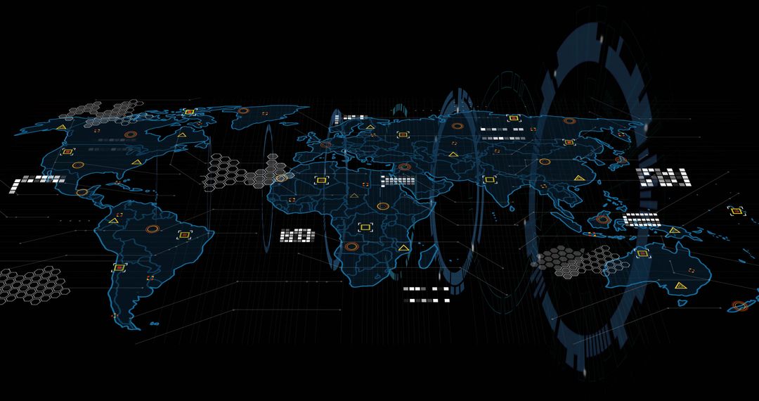 Displaying stylized digital world map with holographic HUD rings, neon nodes and hex grid network