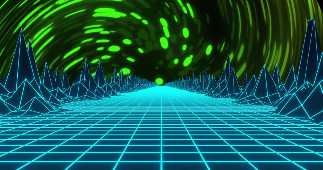 Neon Grid Landscape with Green Swirling Effects