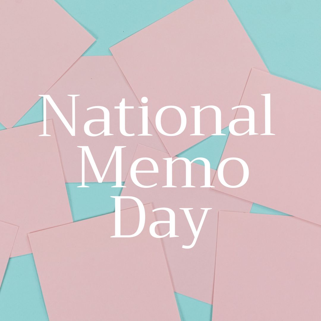 National Memo Day Celebration Card with Pink Notes on Blue Background
