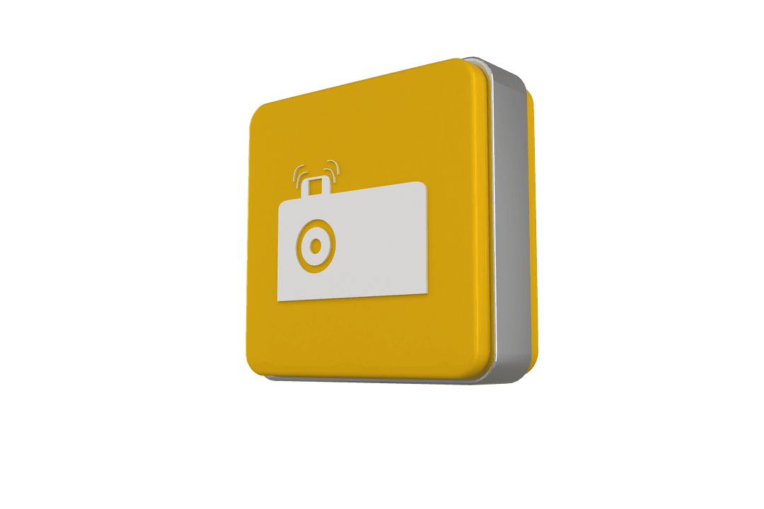 Digital Yellow Cube with Camera Symbol on Transparent Background