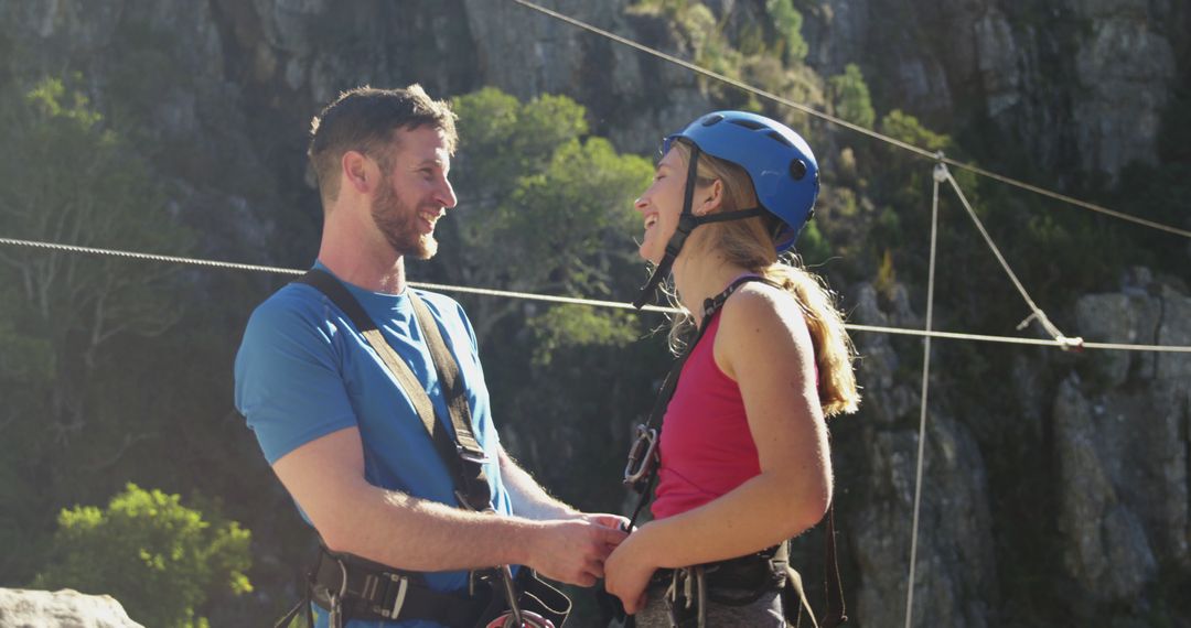 Couple Bonding Enjoying Ziplining Adventure in Mountains