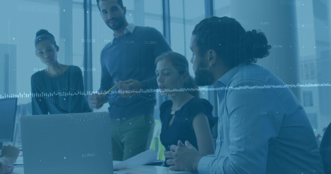 Collaborative Team Discussion with Data Overlay in Modern Office