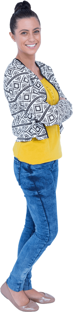 Transparent Smiling Woman in Casual Attire Standing Confidently