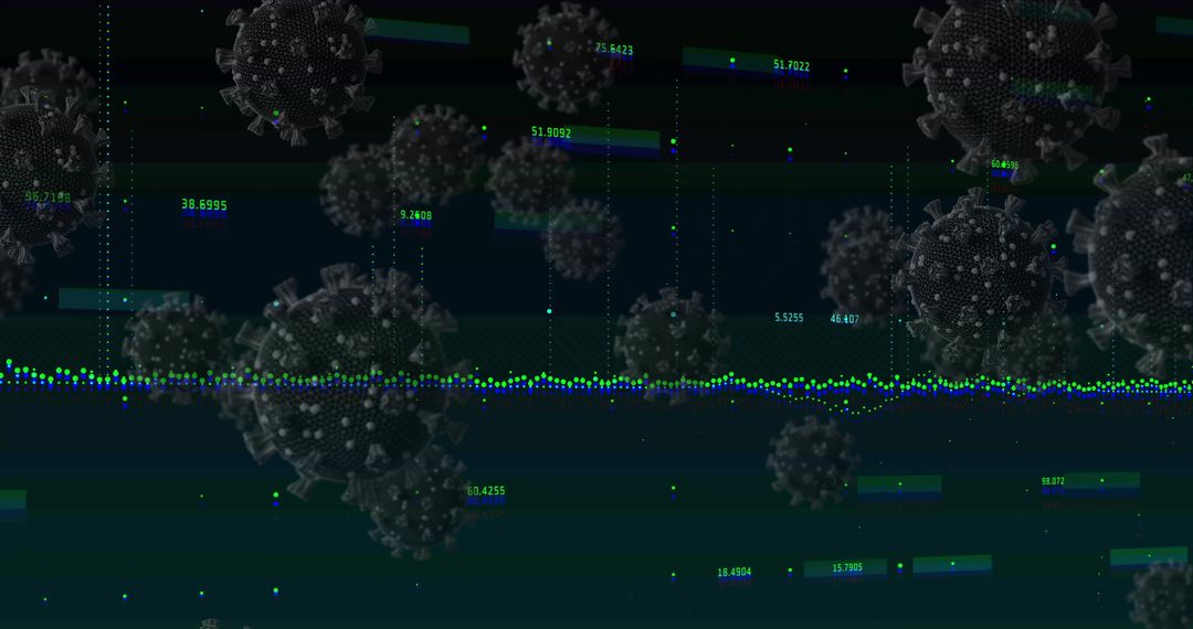 3D Viruses Floating Over Digital Grid with Data Visualization