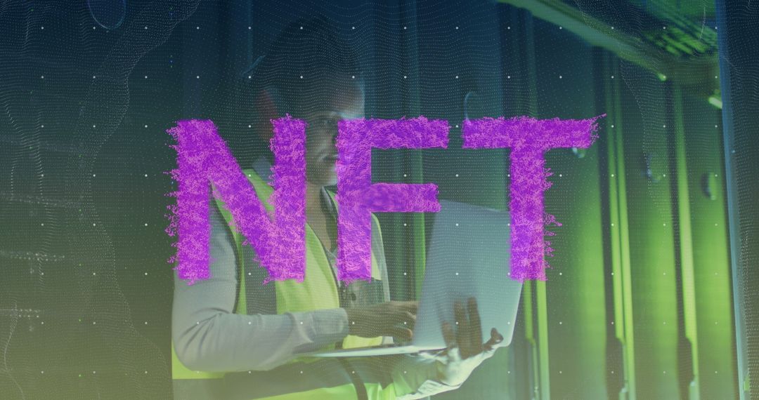 NFT Concept with Female IT Engineer and Data Servers Visualization