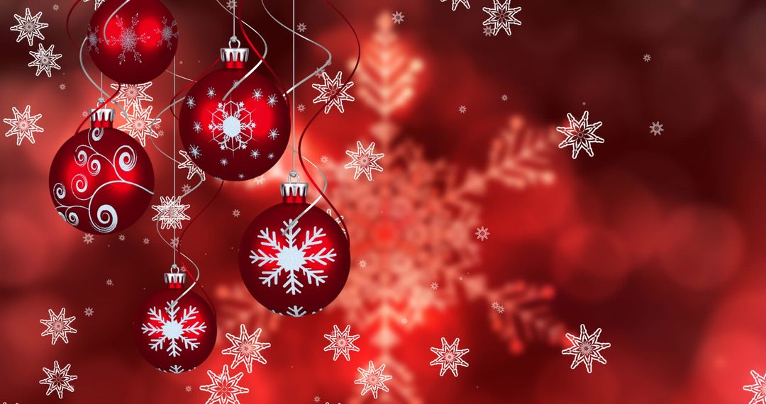 Christmas Baubles Hanging with Snowflake Background in Red Tones
