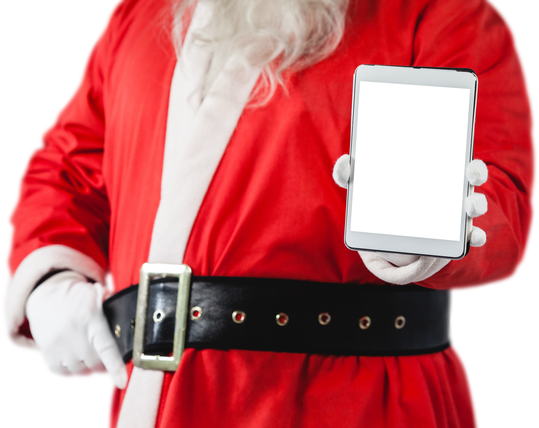 Santa Claus presenting digital tablet in red festive outfit on transparent background - Download Free Stock Images Pikwizard.com