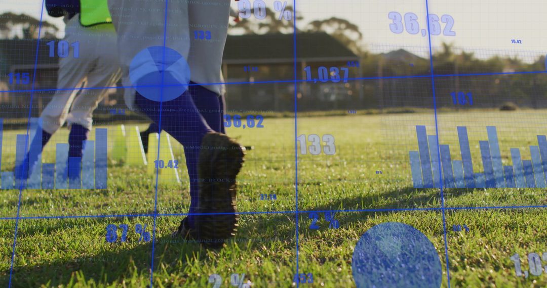 Young Soccer Player Dribbling Ball with Data Overlay on Field