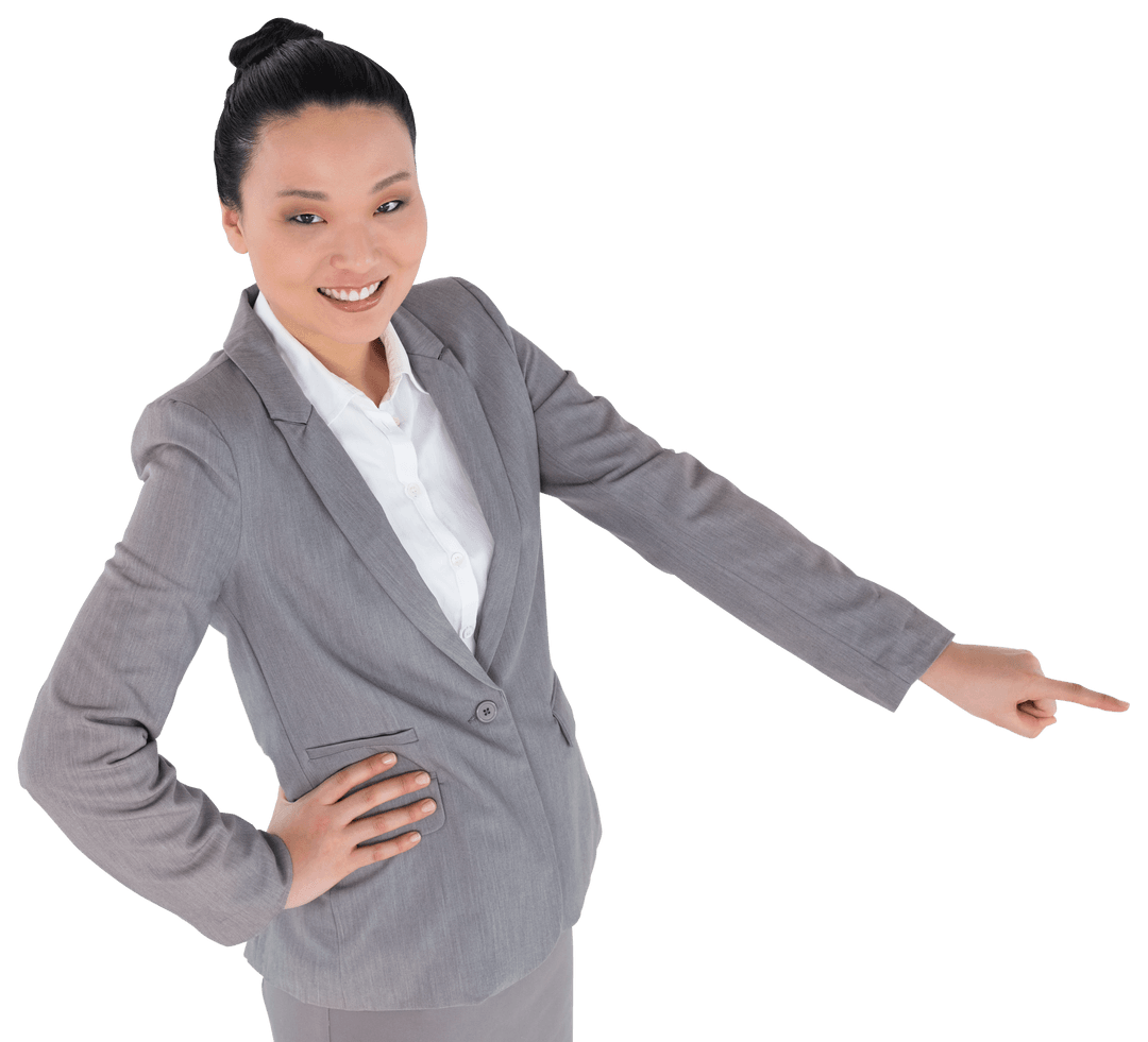 Smiling Businesswoman Pointing with Confidence on Transparent Background