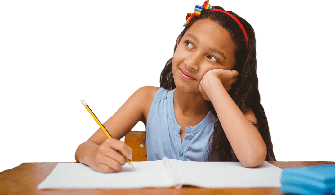 Thoughtful Caucasian Girl Writing at Desk on Transparent Background