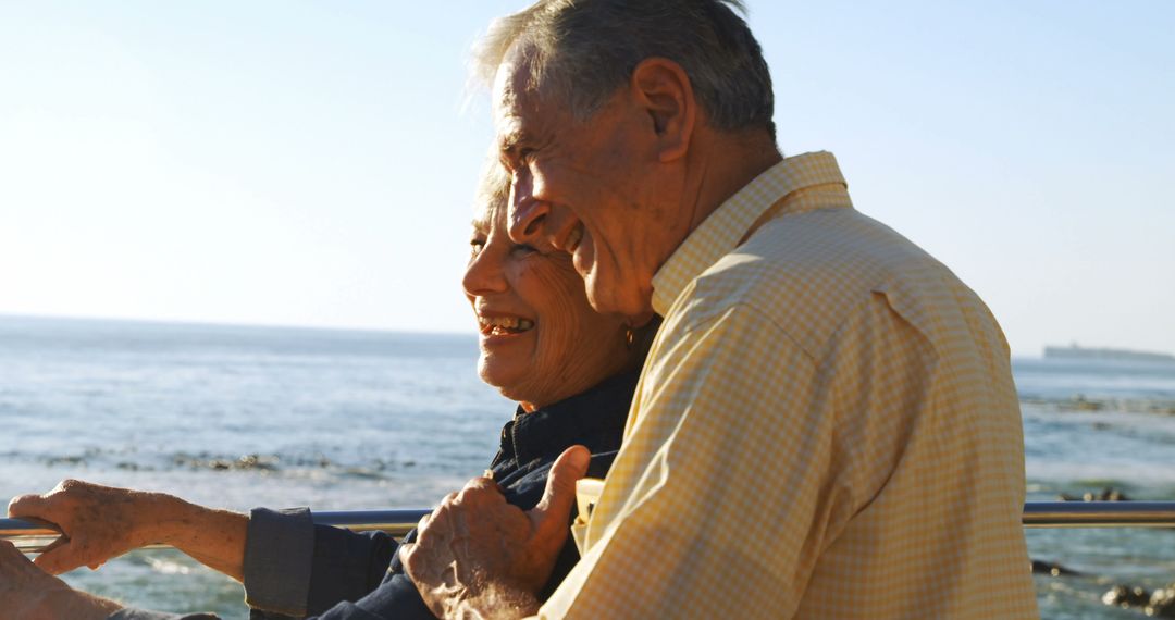 Joyful Senior Couple Embracing by the Seaside View