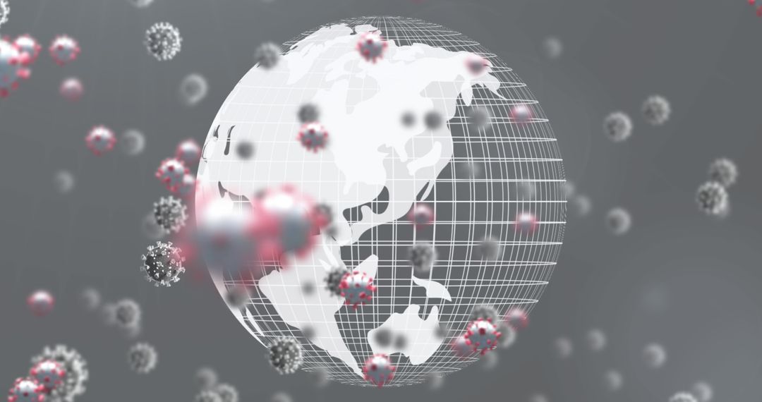 Abstract Globe Surrounded by Virus Particles on Gray Background