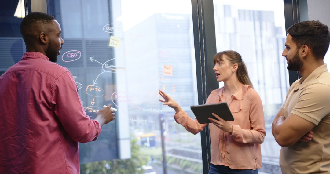 Team Collaboration on Project Strategy with Whiteboard and Tablet