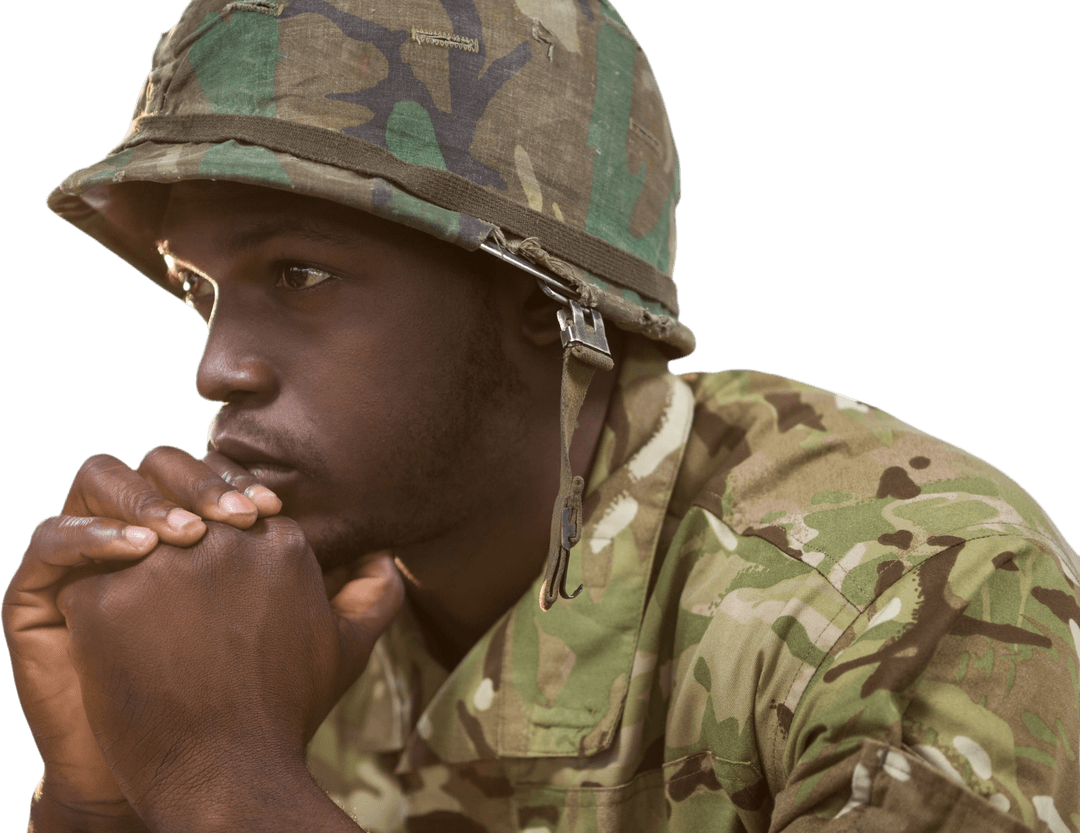 Transparent Soldier Wearing Camo Gear in Thoughtful Pose