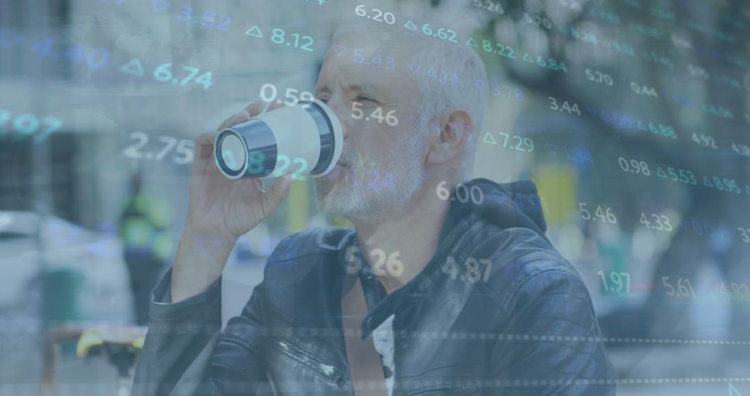 Caucasian Man Drinking Coffee Among Financial Data Overlay