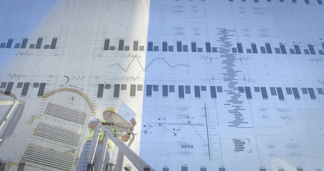 Inspecting Rooftop Worker Holding Plans on Stair Platform with Data and Chart Overlay