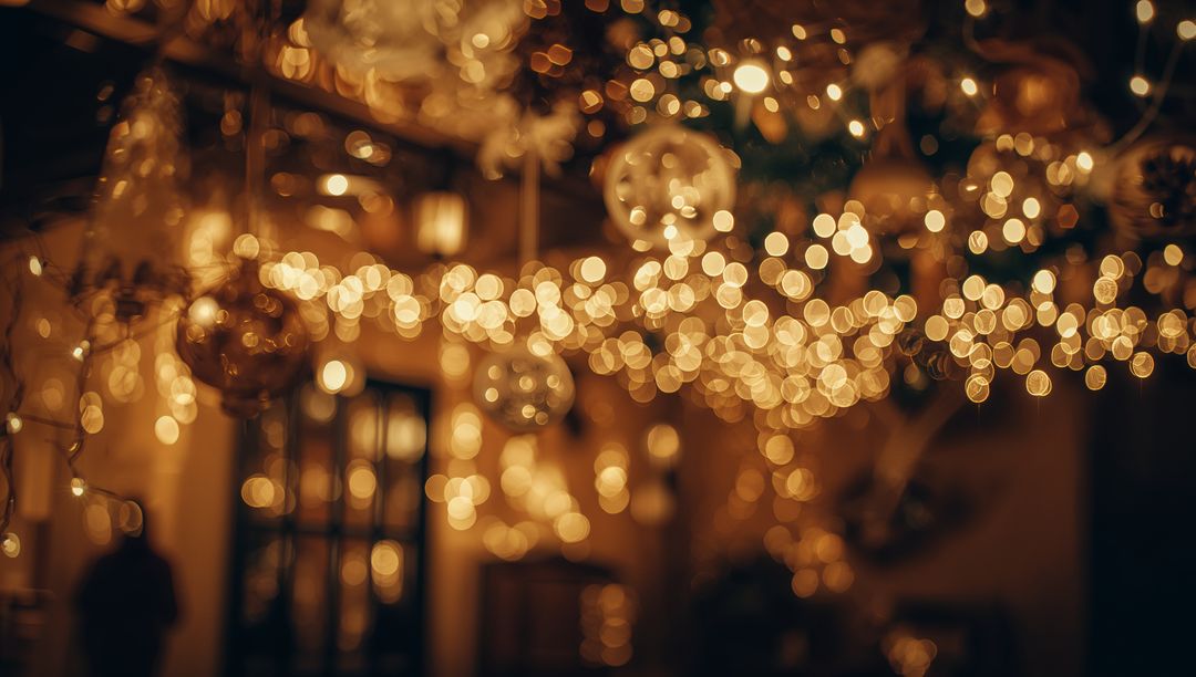 Golden bokeh string lights with hanging glass baubles creating cozy festive atmosphere