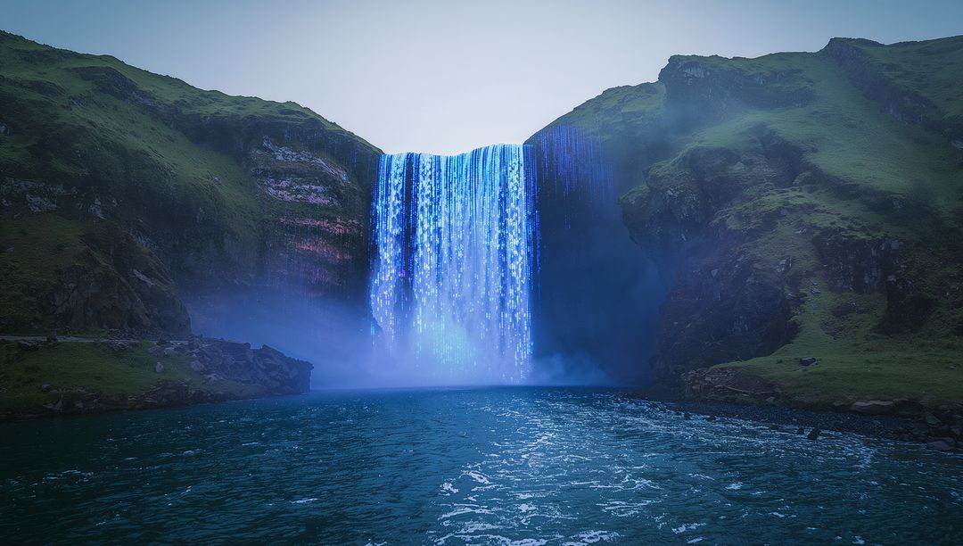 Glowing Blue Waterfall Cascading Between Misty Cliffs Over Choppy Basin