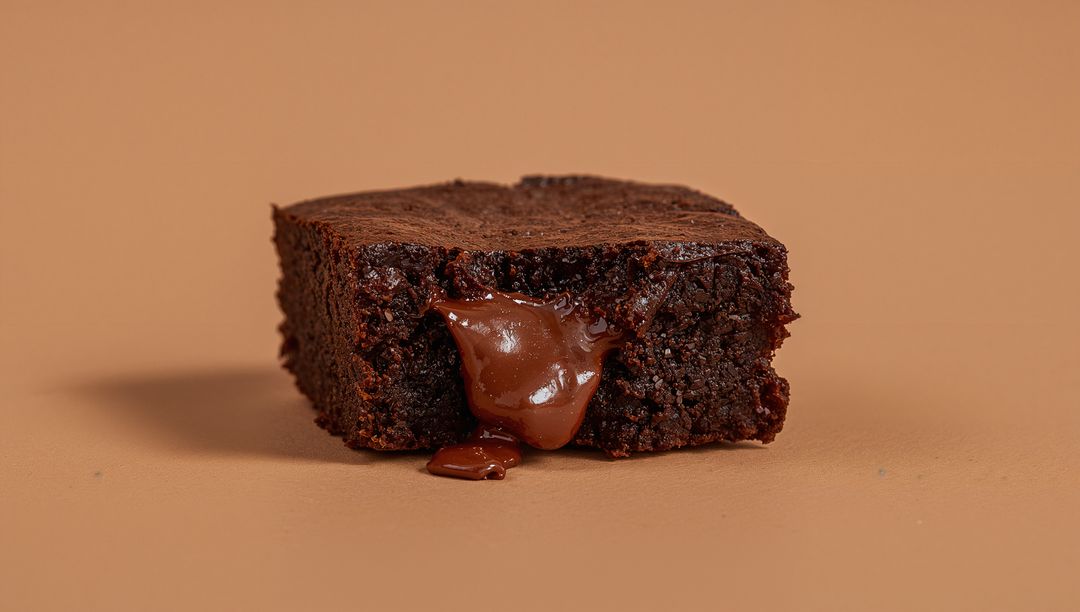 Gooey Chocolate Brownie Square Oozing Molten Filling on Neutral Beige Background