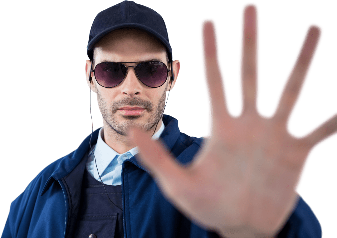 Confident Security Guard Gesture with Transparent Background