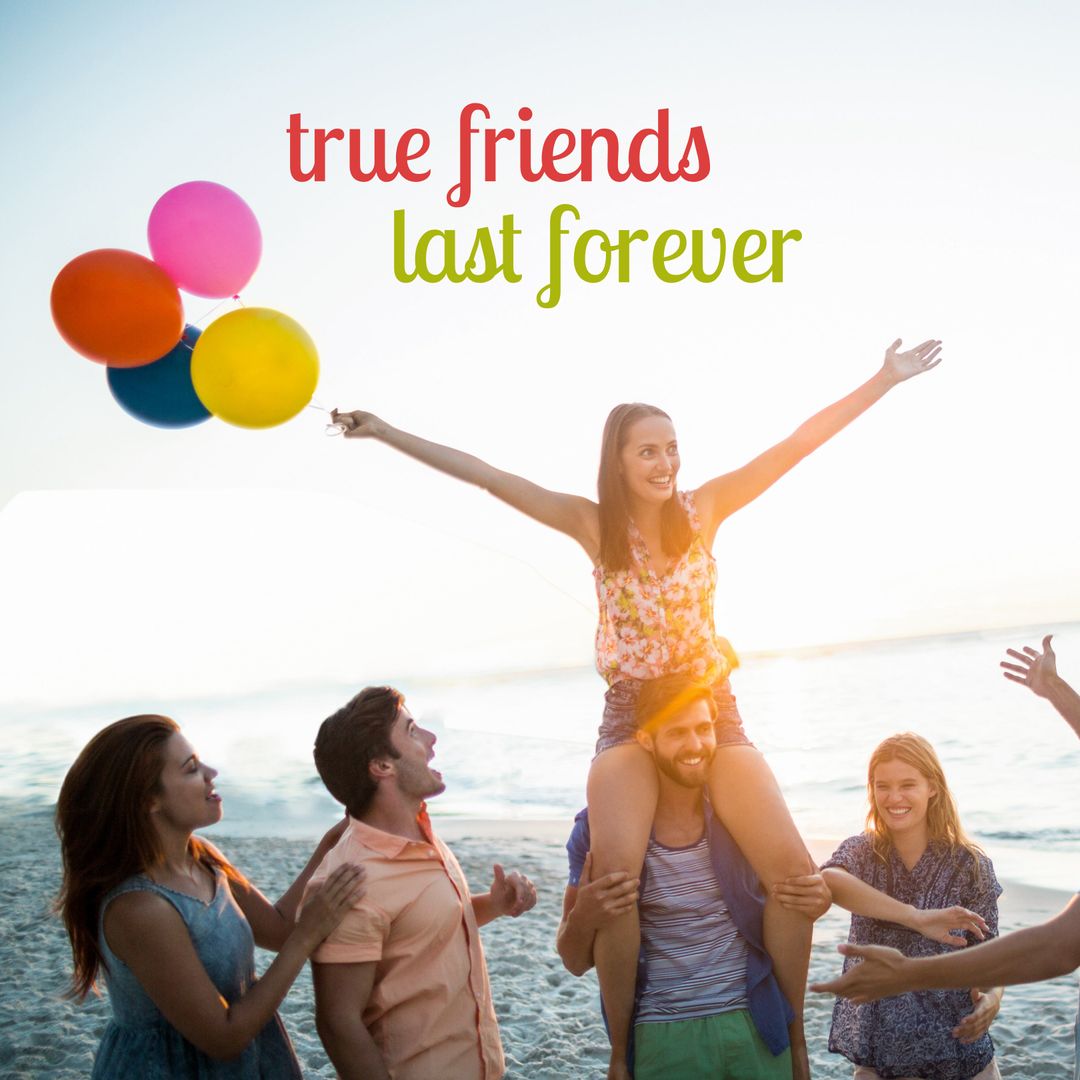 Group of Friends Celebrating Friendship on Beach with Balloons - Download Free Stock Templates Pikwizard.com