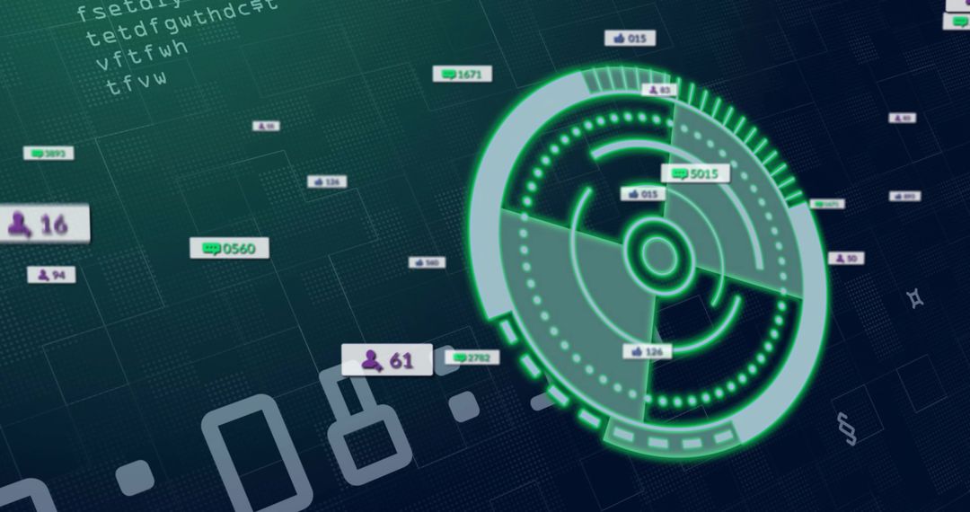 Neon-green HUD radar scanning dark teal grid with floating analytics tags and metrics