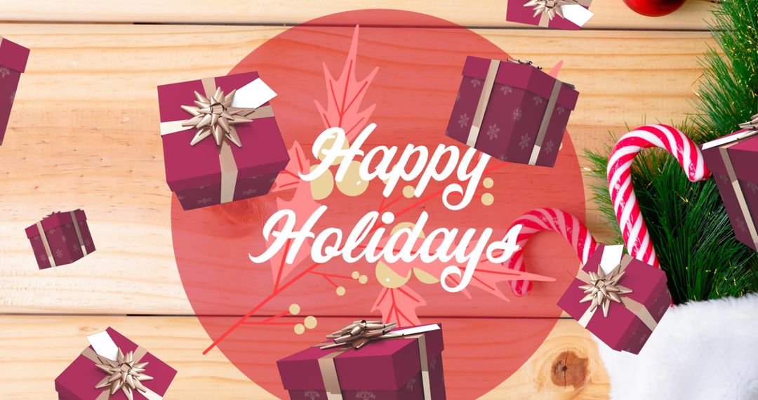 Festive Happy Holidays Message with Falling Gifts and Candy Canes