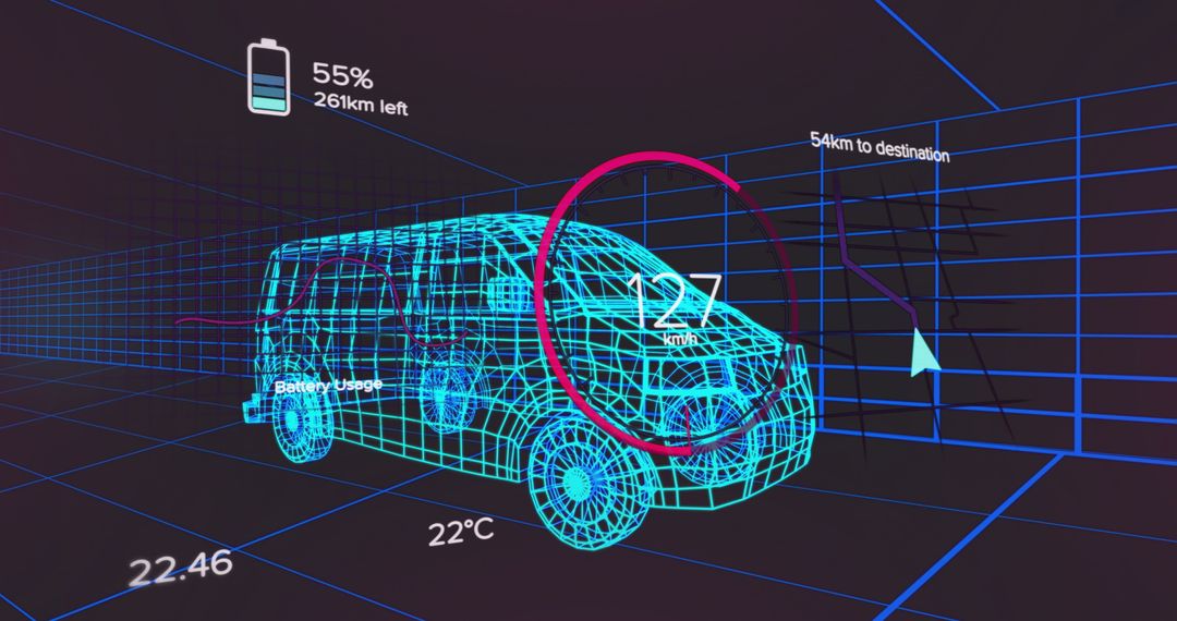 Futuristic Wireframe Van with Digital Navigation Interface