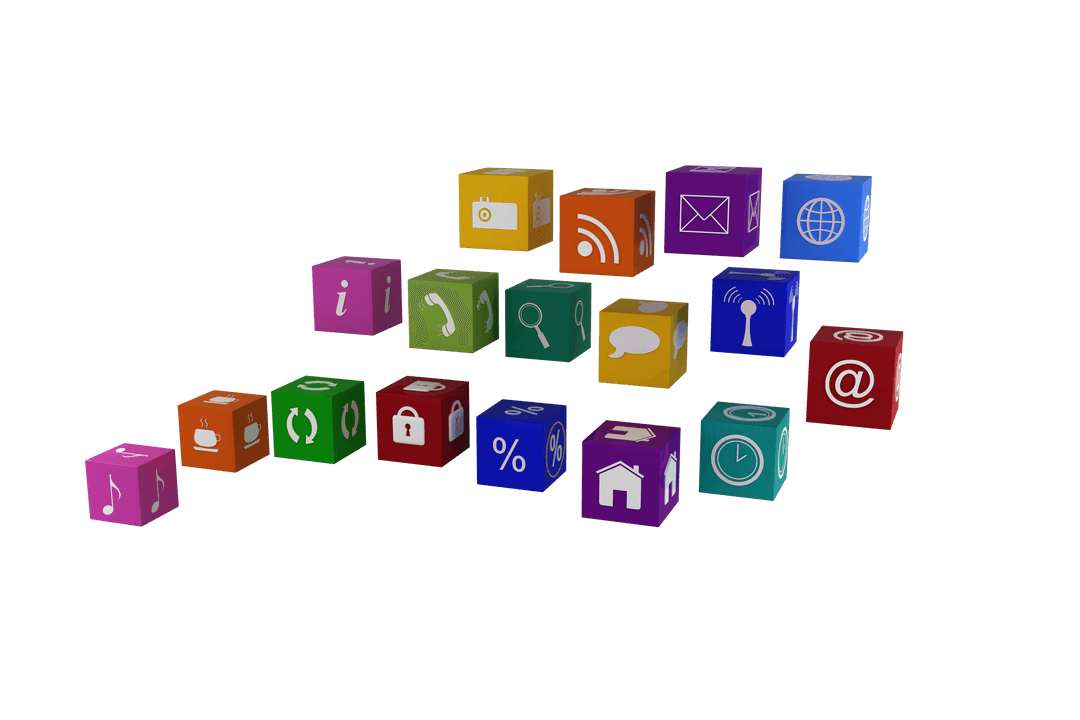 Colorful Cubes with Computer Icons on Transparent Background