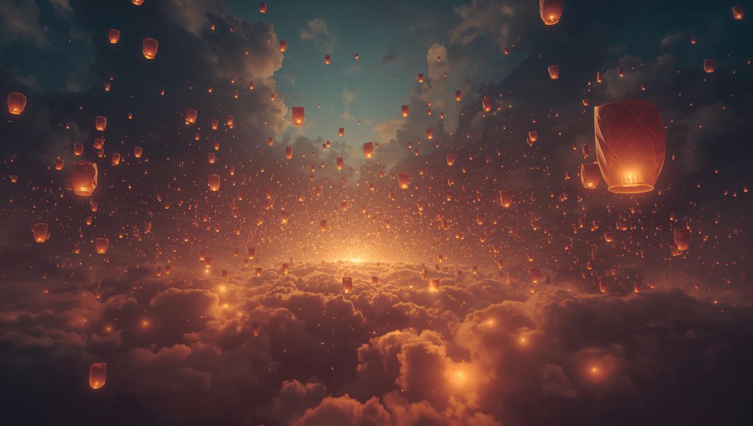 Glowing Sky Lanterns Floating Above Sunset Clouds