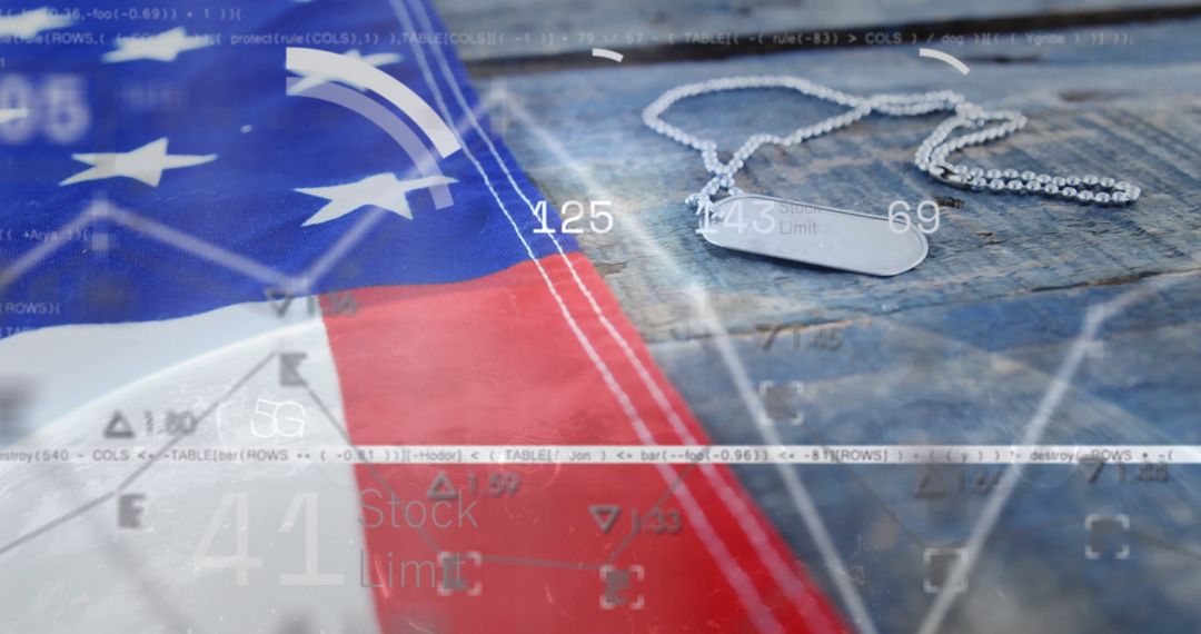 Silver Military Dog Tags with US Flag and Abstract HUD Graphics