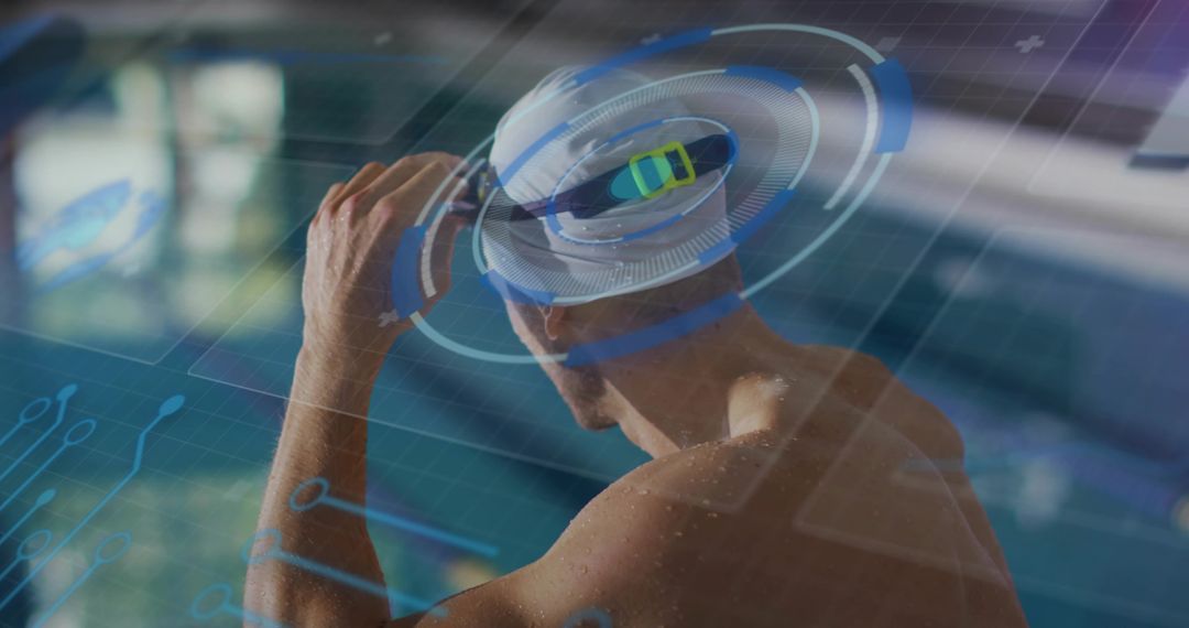 Swimmer with Goggles and Digital Overlay in Modern Aquatic Setting