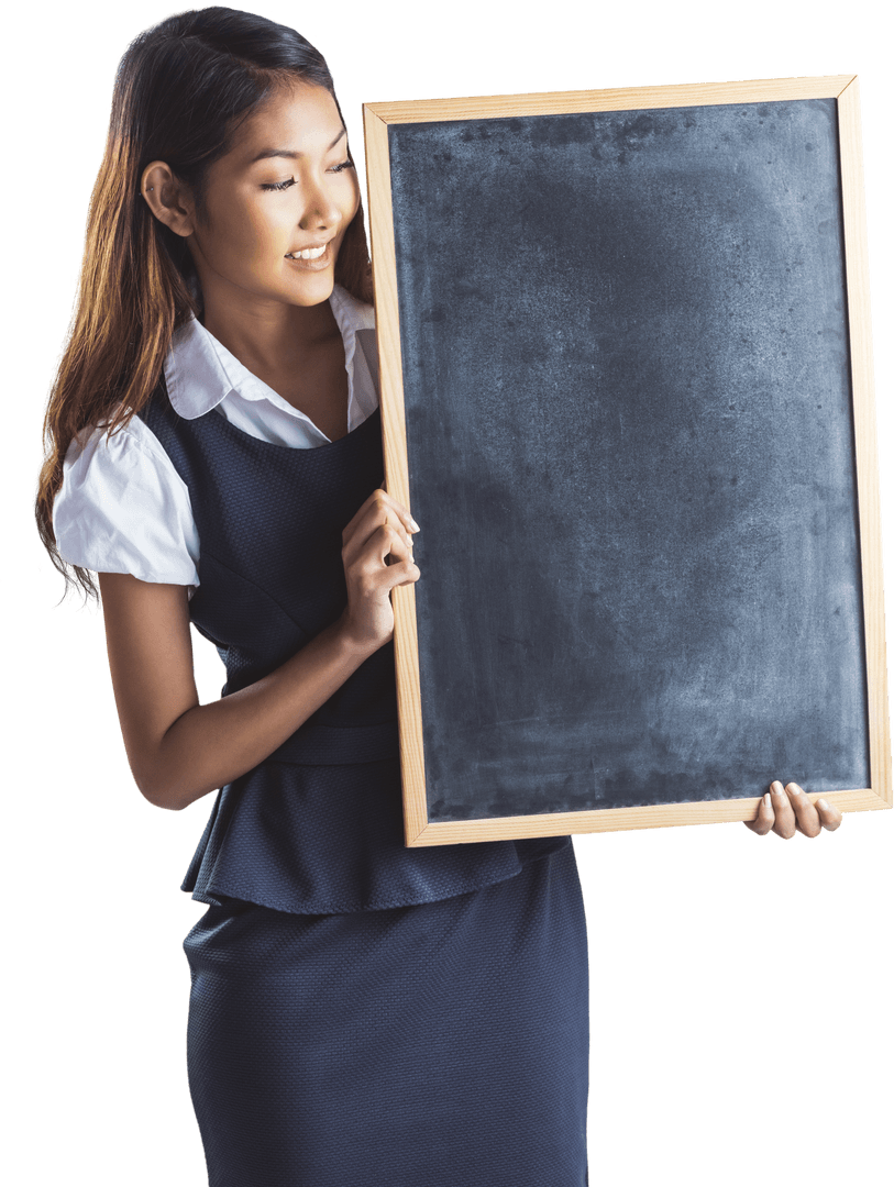 Transparent Smiling Businesswoman Holding Chalkboard