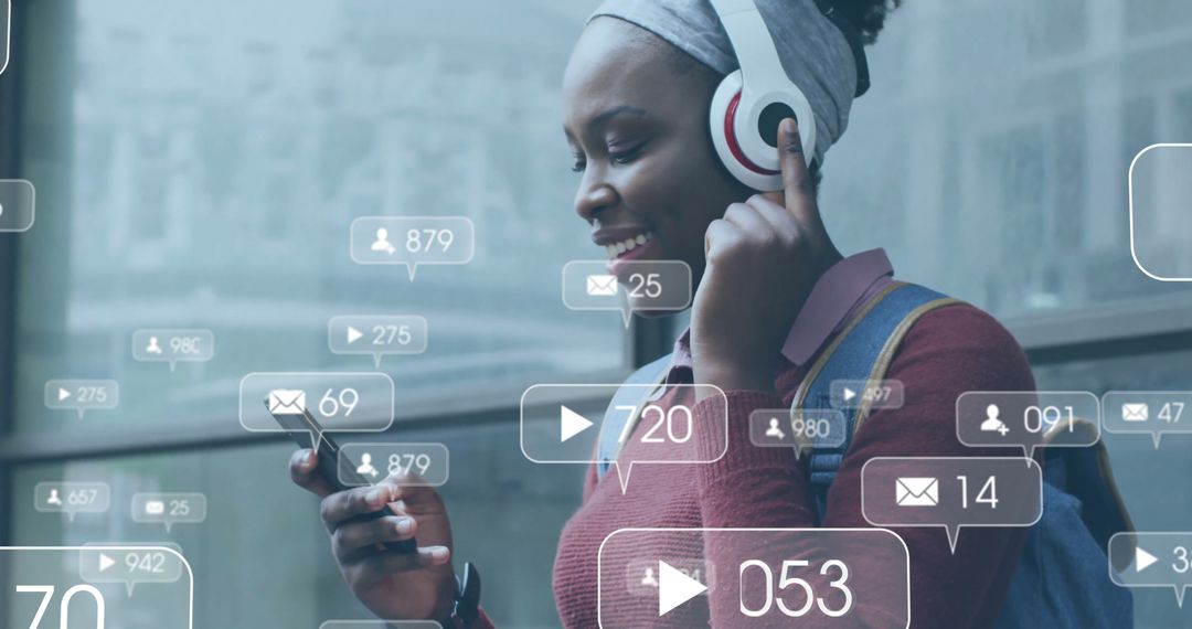 Joyful Woman Enjoying Music and Checking Social Media Notifications