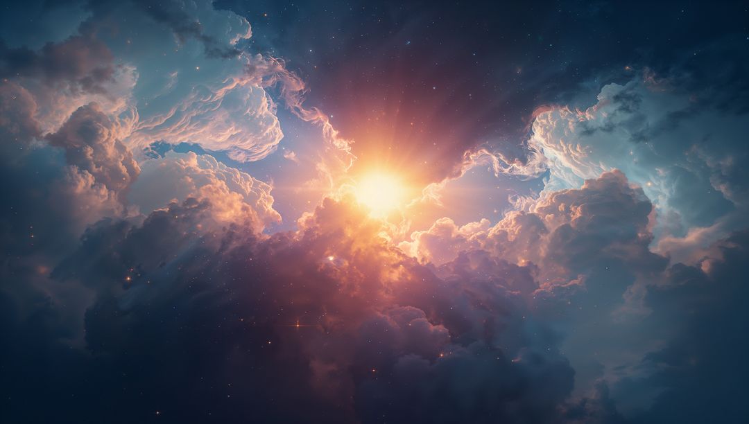 Radiant Sunburst Illuminating Towering Cumulus Cloudscape with Cosmic Nebula Glow