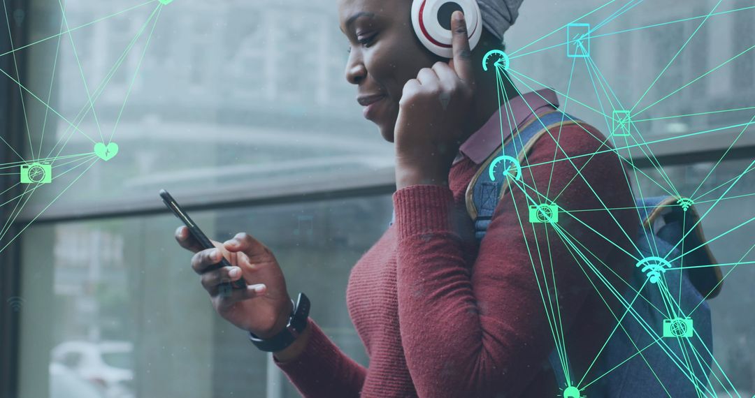 Connected Media Icons Surrounding Woman with Smartphone Outdoors