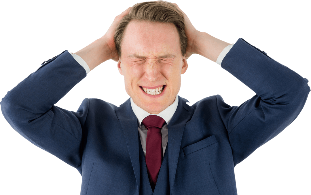 Irritated Businessman with Hands Behind Head, Transparent Background