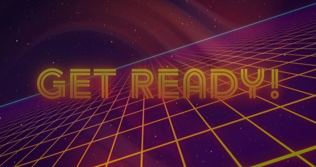 Retro Futuristic Neon Text Floating Above Grid