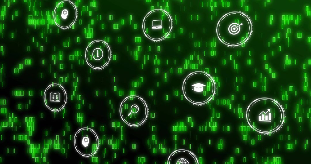 Neon Matrix Tech Dashboard with Floating Data Icons for Analytics and Digital Learning