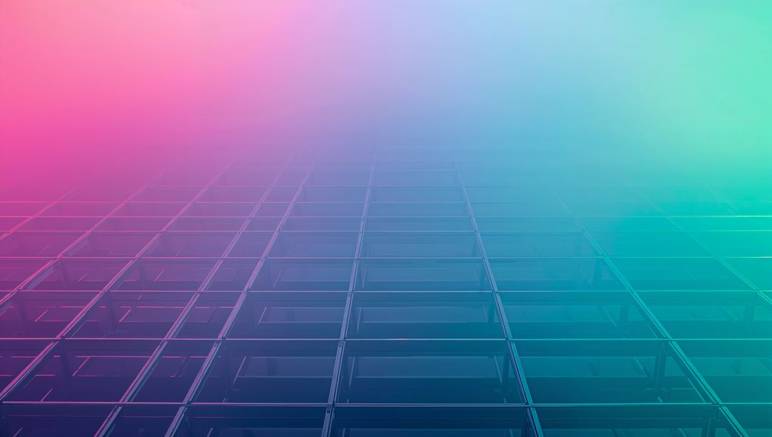 Glass Grid Facade Fading into Pink Cyan Gradient Haze for Futuristic Minimal Background
