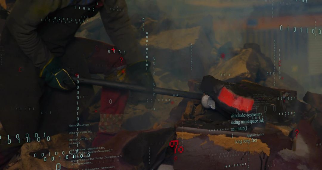 Industrial Worker Operating Forge with Digital Code Overlay