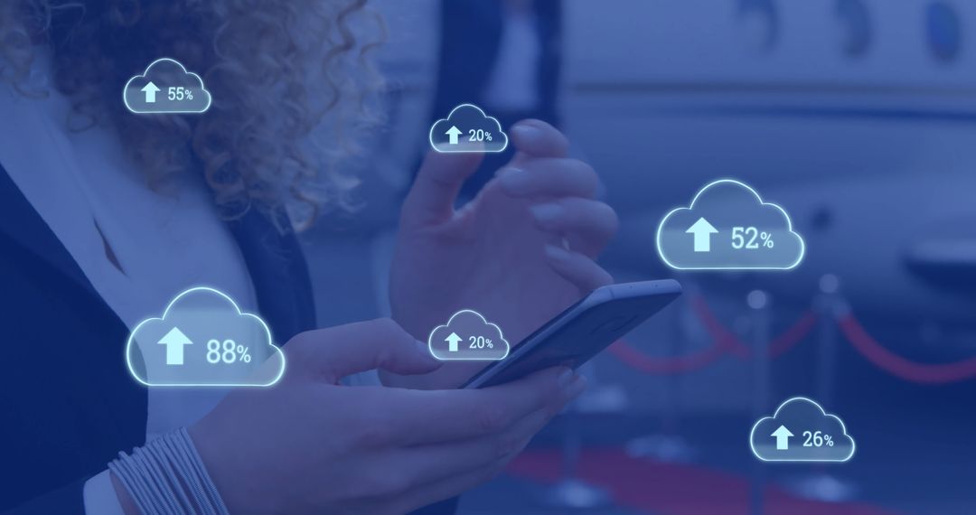 Businesswoman Using Smartphone with Digital Analytics Overlay