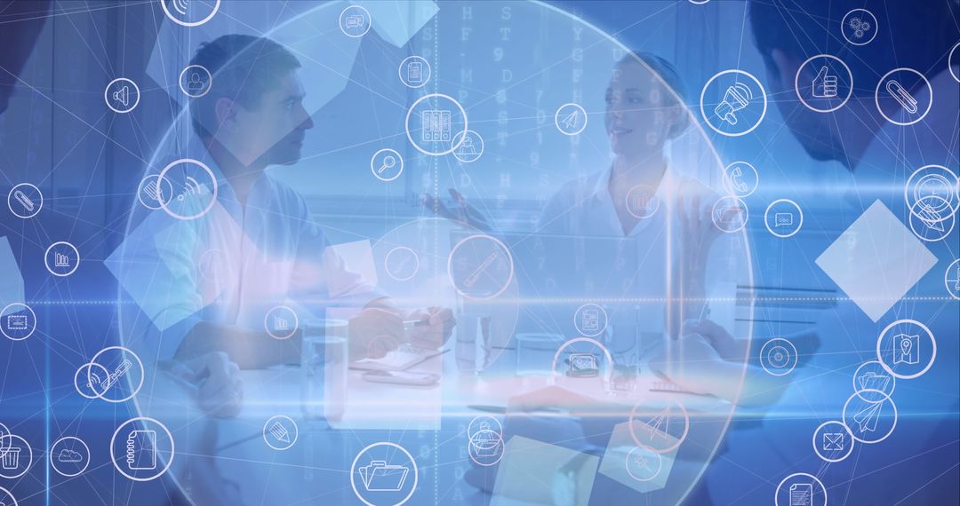 Global Network Icons Overlaying Business Meeting Panorama