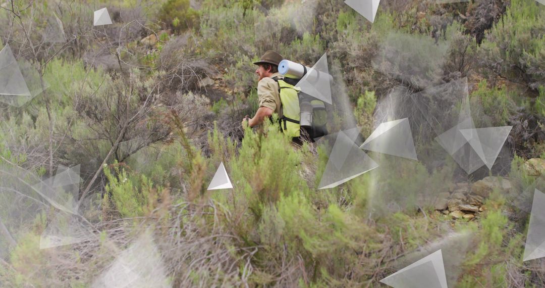Trekking Hiker Navigating Rocky Hillside with Wilderness Gear