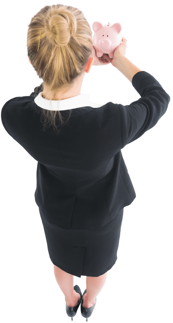 Transparent Top View of Businesswoman with Piggy Bank