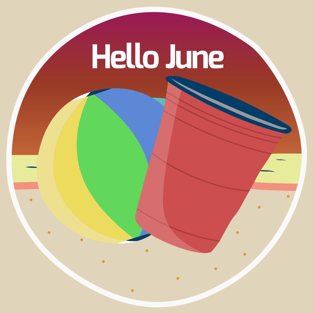 Hello June Beach Theme with Bucket and Balloon Illustration