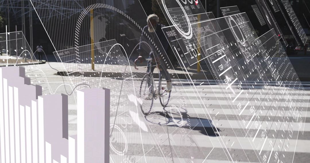 Cyclist Riding Urban Street with Futuristic Data Overlay