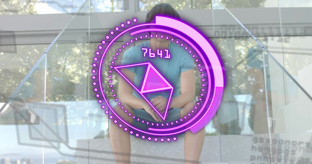 Asian man sitting on steps with purple HUD overlay futuristic AR in modern atrium