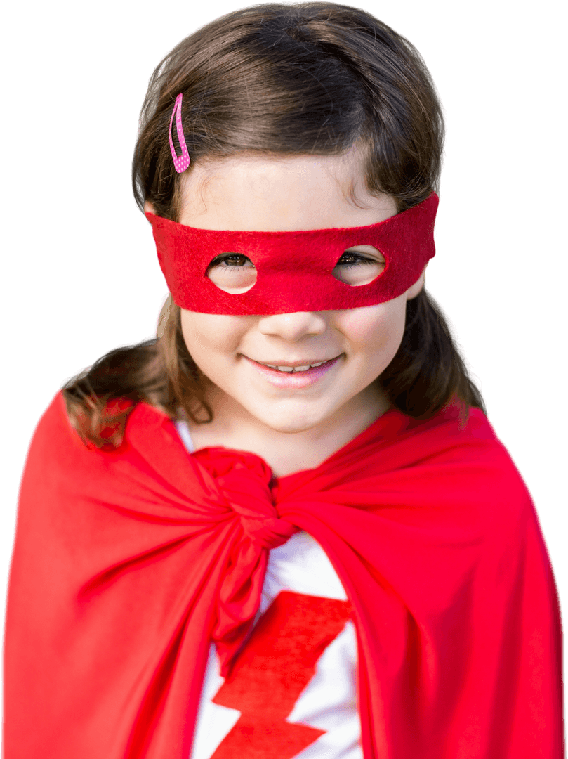 Transparent Background of Child in Red Superhero Costume Smiling