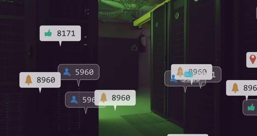 Digital Data Icons Over Computer Server Room